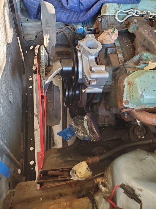 Gran Fury 440 Swap - Aluminum WP Housing and Clutch Fan Mock Up with Radiator Clearance.jpg